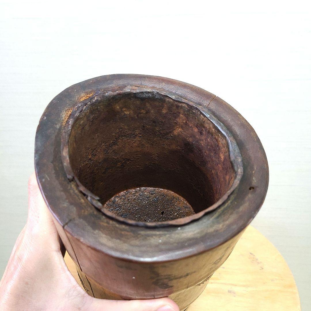 竹製　彫刻 円筒形　筆筒　花瓶　花入れ