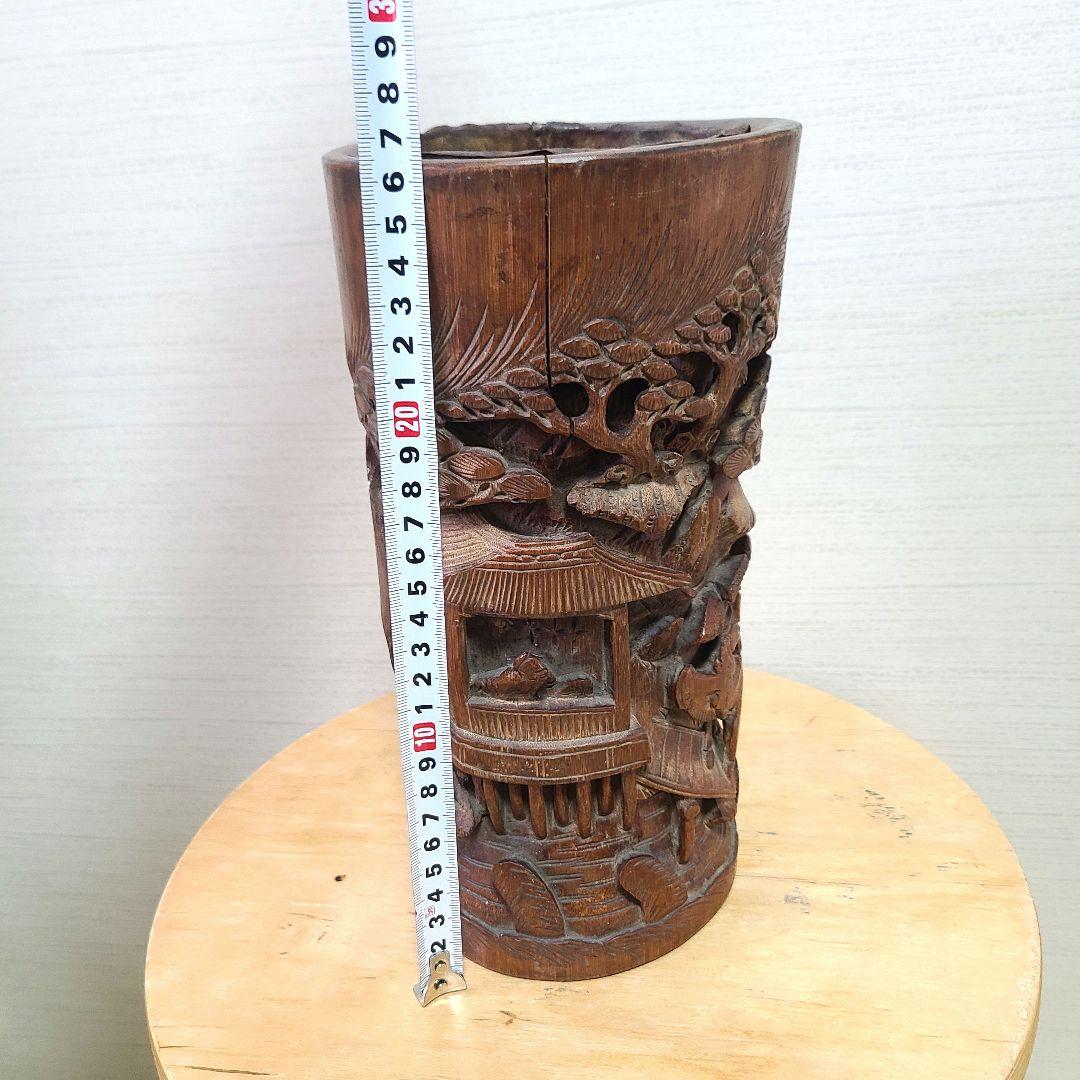 竹製　彫刻 円筒形　筆筒　花瓶　花入れ