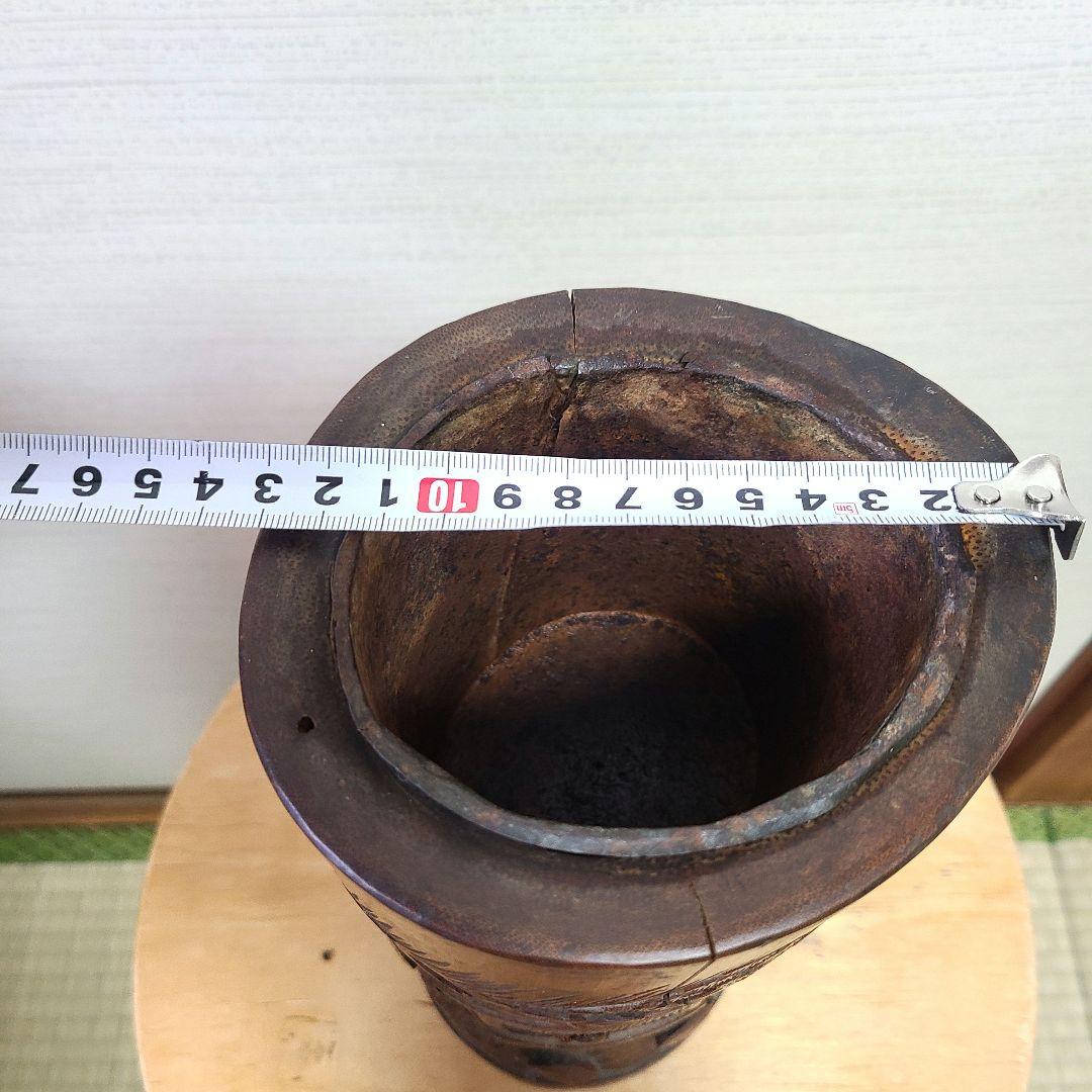 竹製　彫刻 円筒形　筆筒　花瓶　花入れ