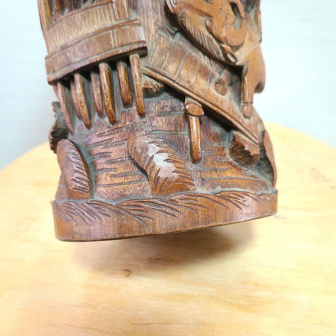 竹製　彫刻 円筒形　筆筒　花瓶　花入れ