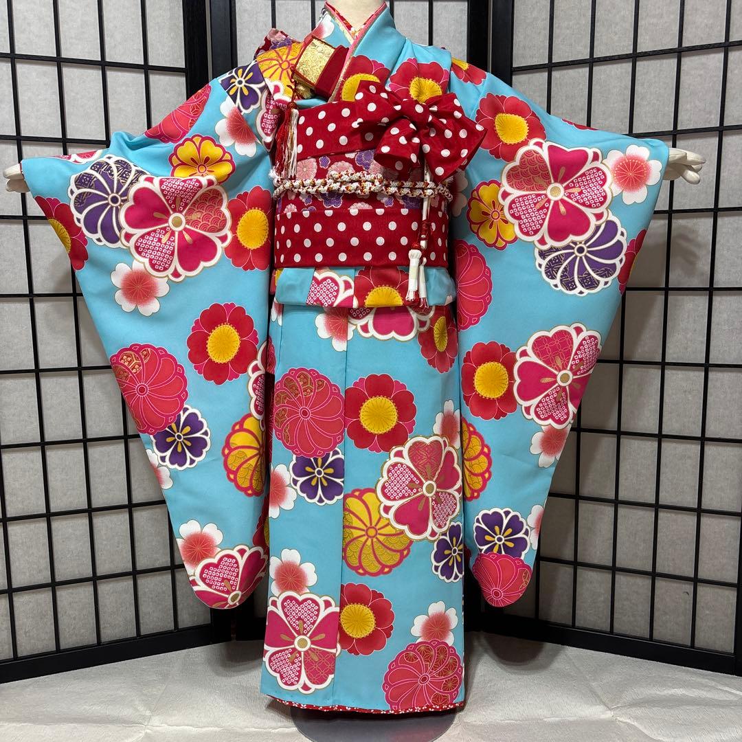 七五三　着物セット　7歳　ブランド花わらべ　水色　ピンク色　美品