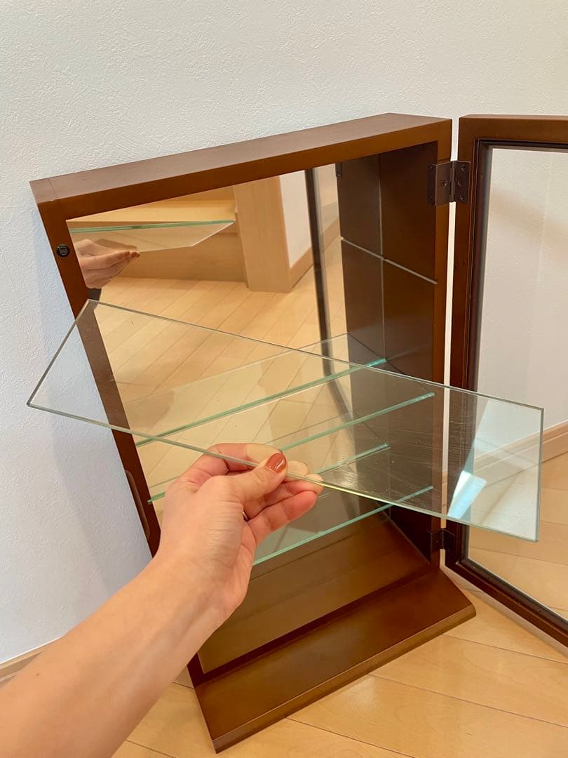 コレクションケース 木製 背面ミラー 棚ガラス3枚付