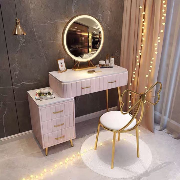 オシャレドレッサー大理石柄ベロア生地デスク80cmLEDミラチェアチェスト4点