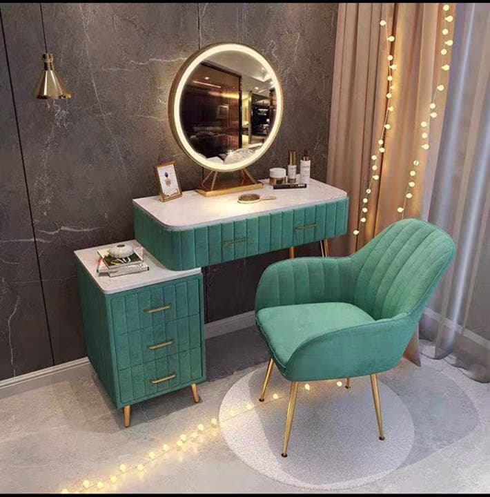 オシャレドレッサー大理石柄ベロア生地デスク80cmLEDミラチェアチェスト4点
