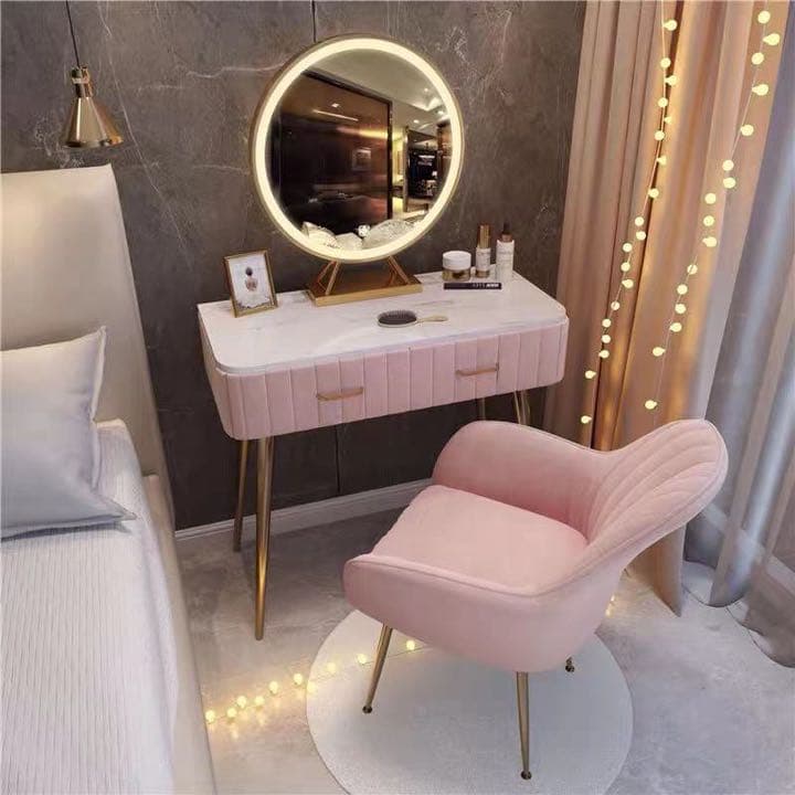 オシャレドレッサー大理石柄ベロア生地デスク80cmLEDミラチェアチェスト4点