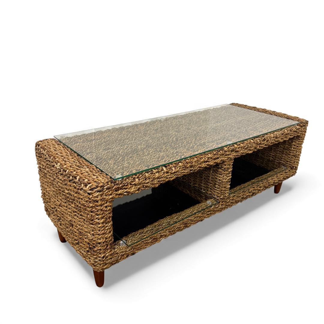 幅120cm【訳あり新品】アバカ天然素材 ガラス天板 テレビ台兼ローテーブル