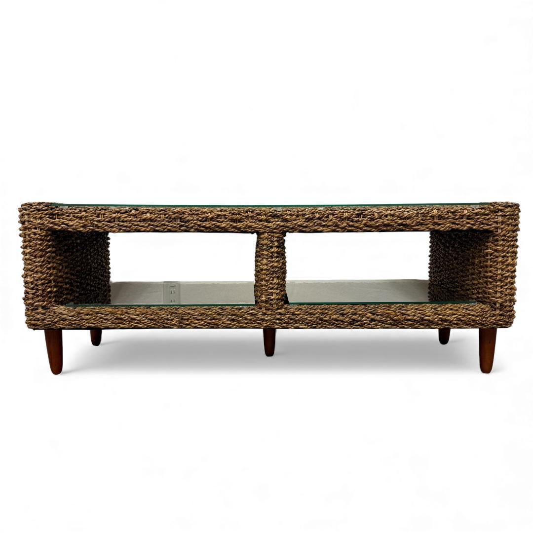 幅120cm【訳あり新品】アバカ天然素材 ガラス天板 テレビ台兼ローテーブル