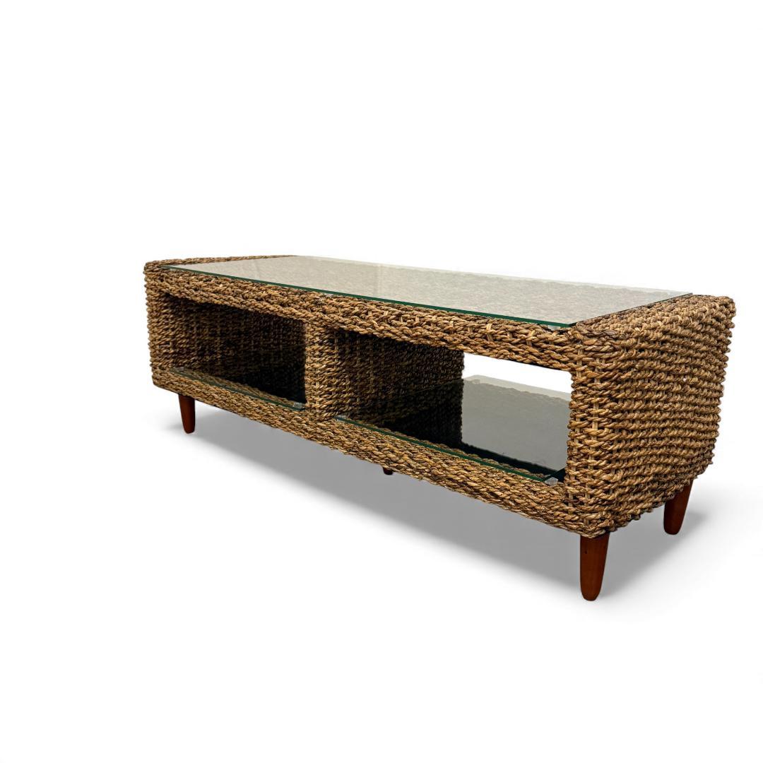 幅120cm【訳あり新品】アバカ天然素材 ガラス天板 テレビ台兼ローテーブル