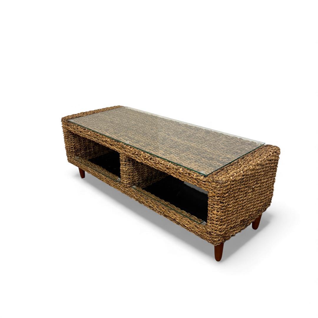 幅120cm【訳あり新品】アバカ天然素材 ガラス天板 テレビ台兼ローテーブル