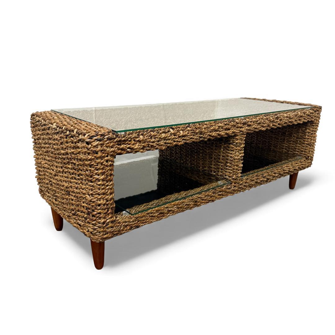 幅120cm【訳あり新品】アバカ天然素材 ガラス天板 テレビ台兼ローテーブル