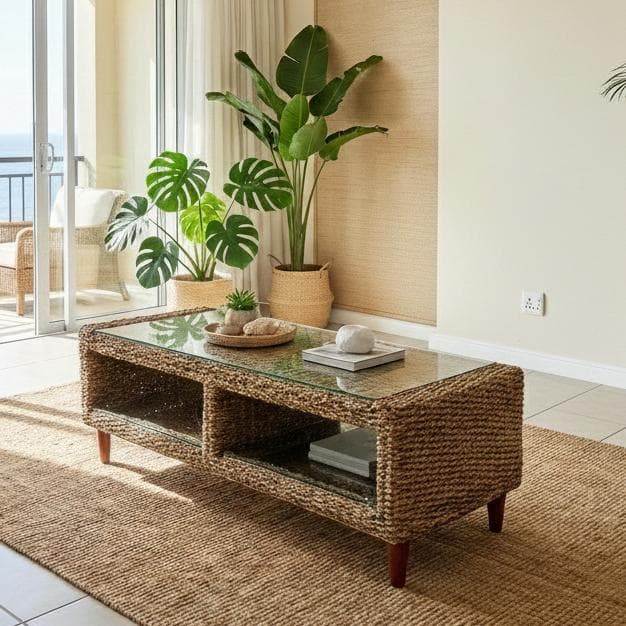 幅120cm【訳あり新品】アバカ天然素材 ガラス天板 テレビ台兼ローテーブル