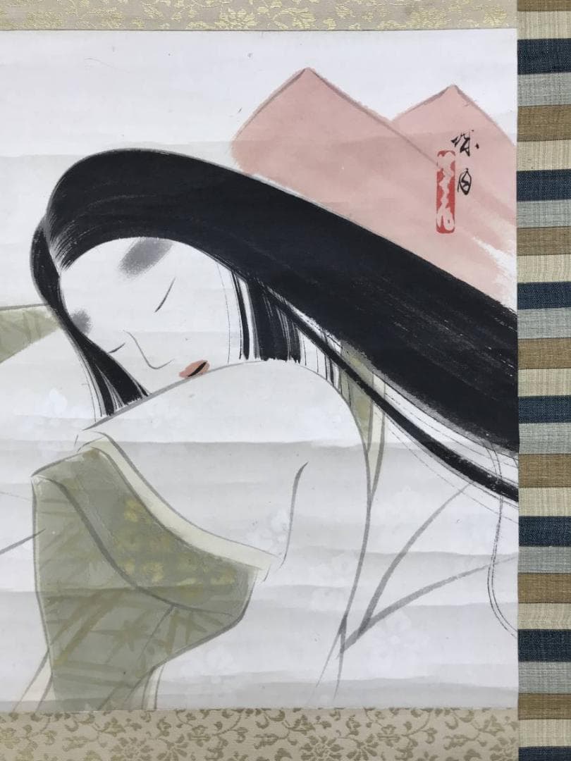 真作/久城月/菊池契月門下/秋思/小野小町/美人/横物/掛軸名家伝来AE-391