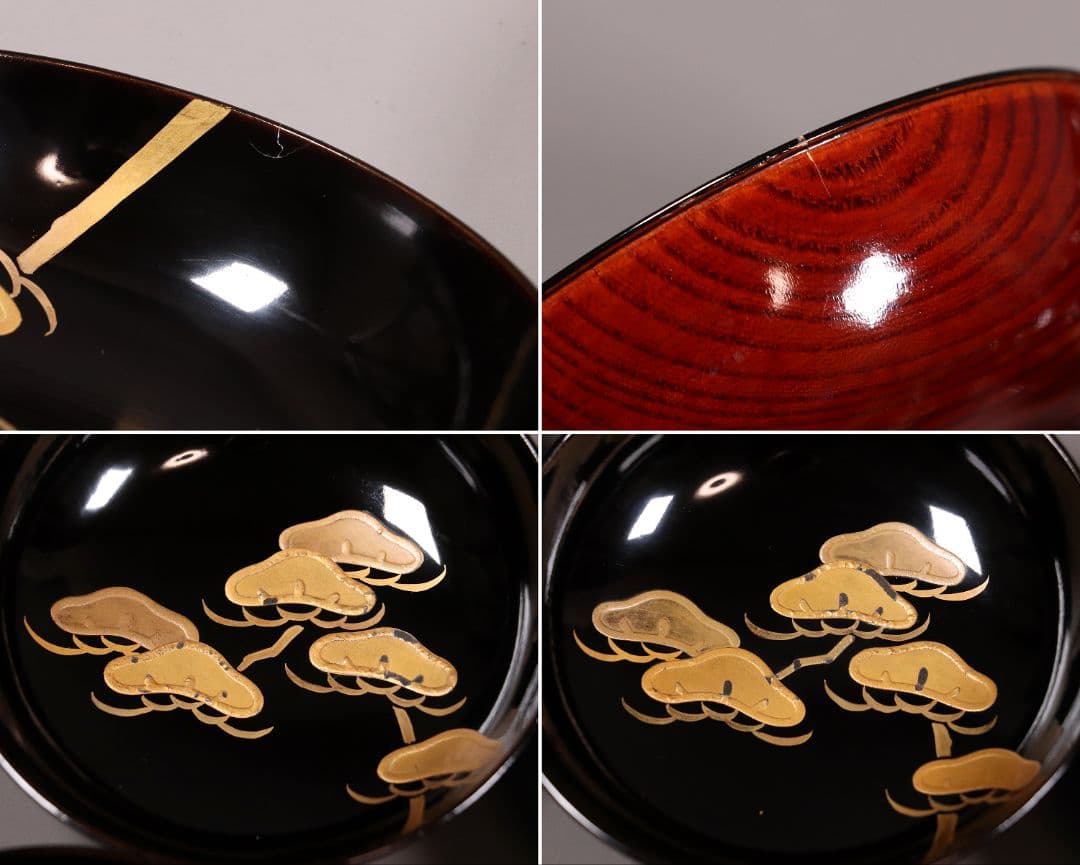 漆芸 輪島塗 松蒔絵 木皿 二十客 欅地 木地溜塗 黒塗 金蒔絵 【MA359