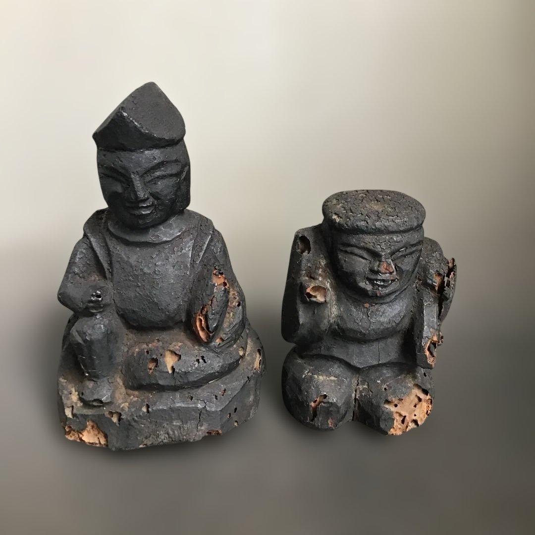 恵比寿大黒天　古木彫刻 2体　骨董品
