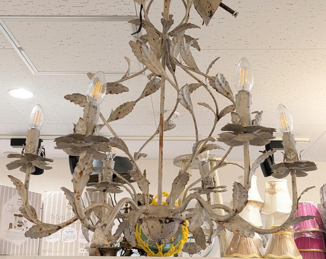 1【希少】サラグレース アンティーク シャンデリア 6灯 植物 花 照明