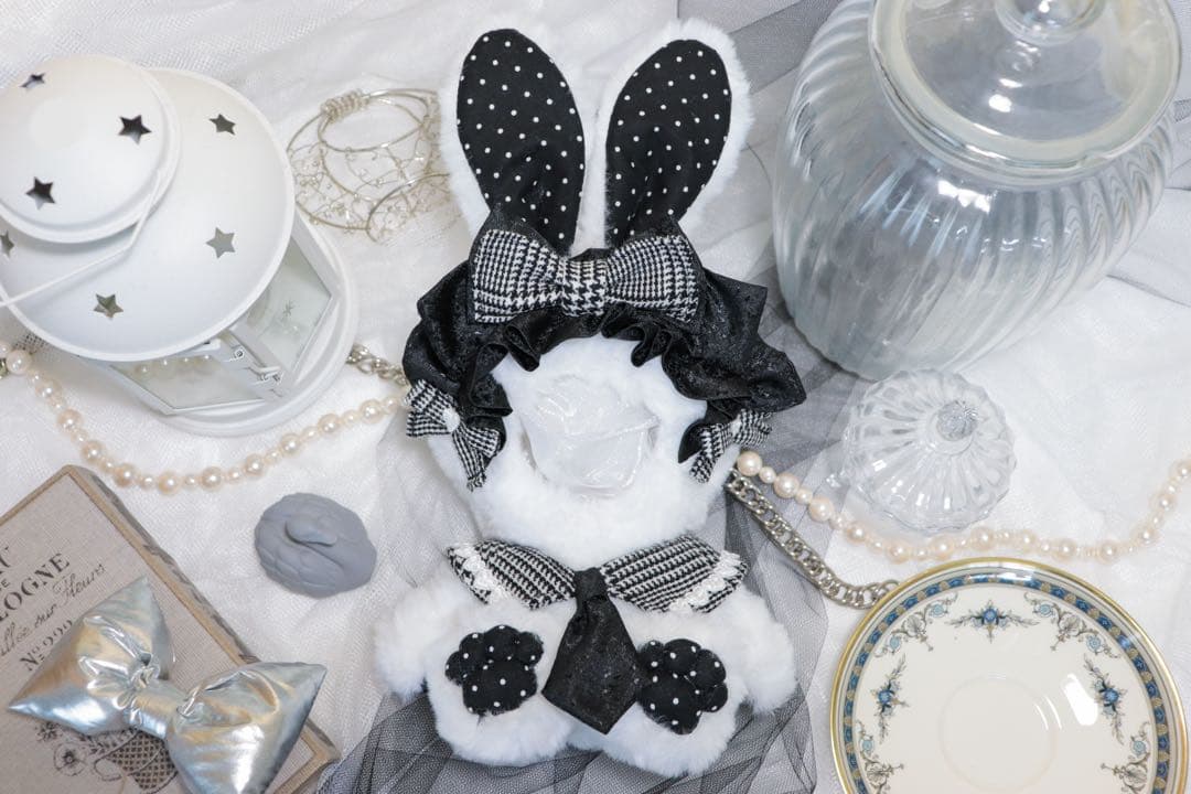 【約16cm 】手が動く♡肉球おすわりぬい服 モノクロうさぎ NI1006