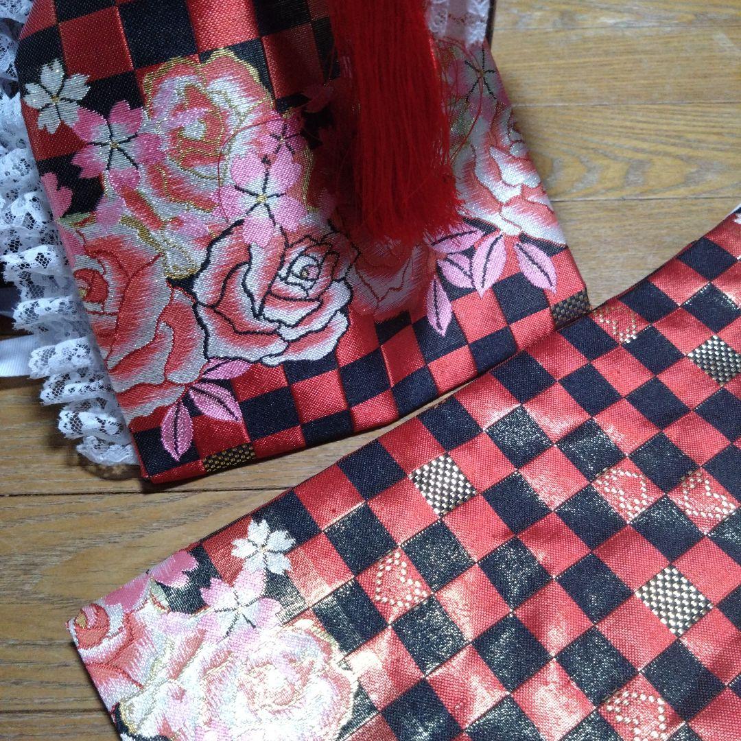 大寸★七歳★レースの赤と黒のチェック柄作り帯