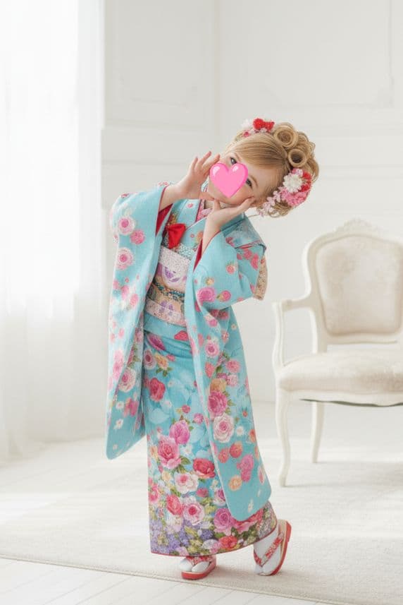 ブランドMoeブルーに薔薇の花の着物にピンクの袋帯セット