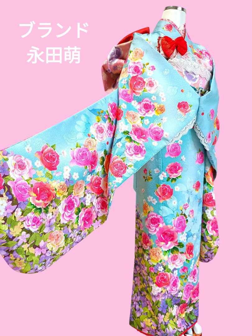 ブランドMoeブルーに薔薇の花の着物にピンクの袋帯セット