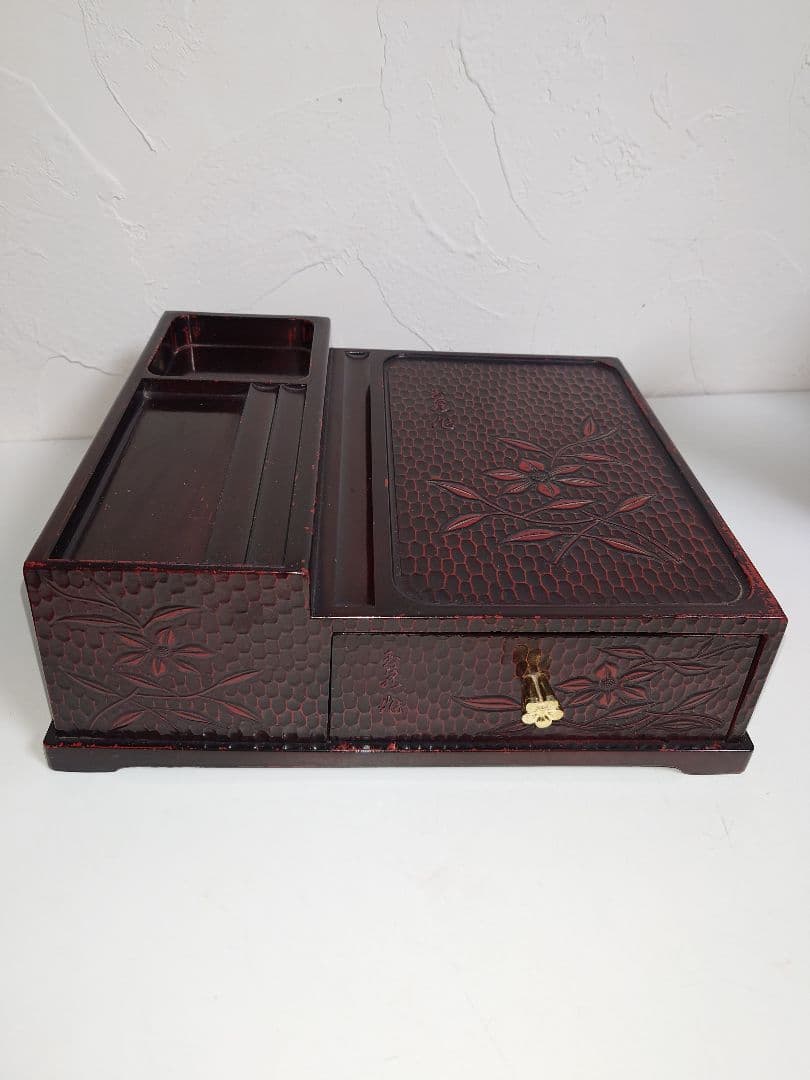 鎌倉彫 文房具入れ 電話台 2段 引出し 小物入れ ポットスタンド 昭和