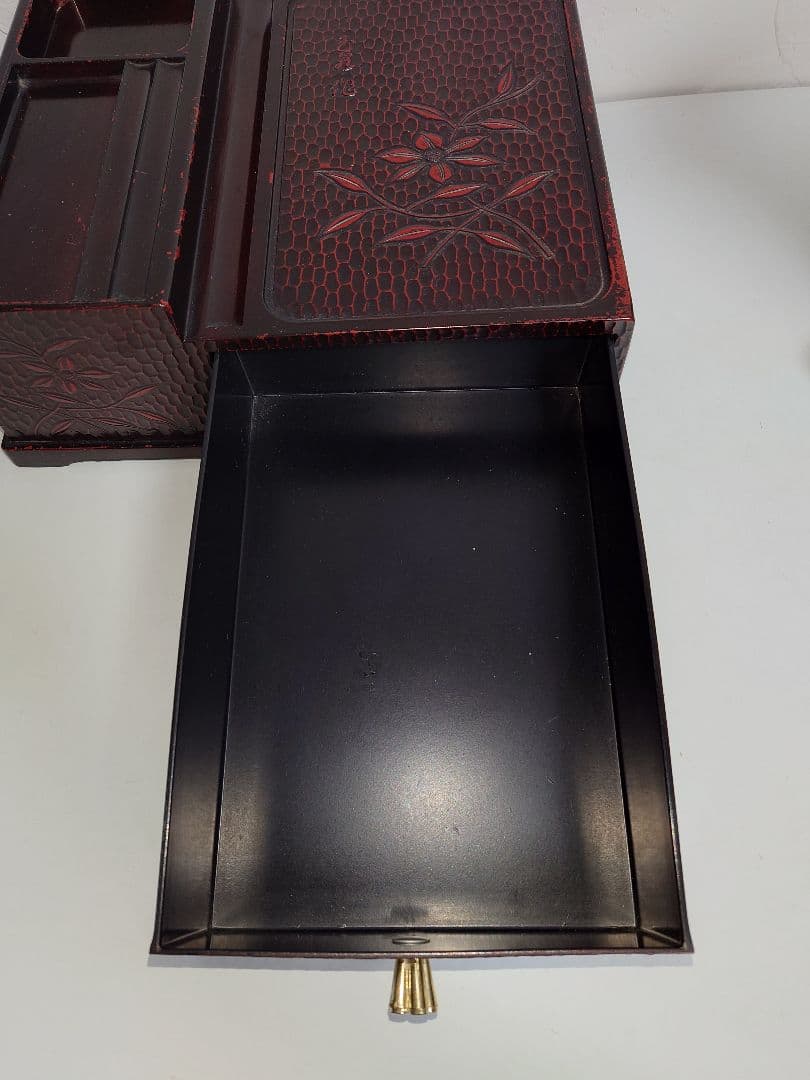 鎌倉彫 文房具入れ 電話台 2段 引出し 小物入れ ポットスタンド 昭和