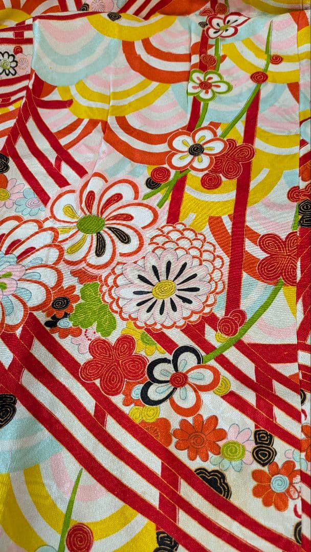 7歳　レトロ正絹白青海波菊　七五三　お着物・作り帯セット　アンティーク