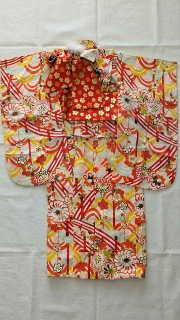 7歳　レトロ正絹白青海波菊　七五三　お着物・作り帯セット　アンティーク