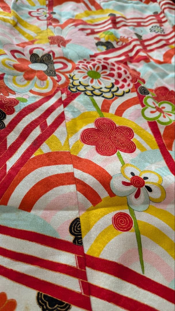 7歳　レトロ正絹白青海波菊　七五三　お着物・作り帯セット　アンティーク