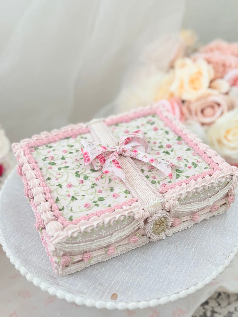 花柄ピンク　ボックス型　クレイケーキ　ウェディング