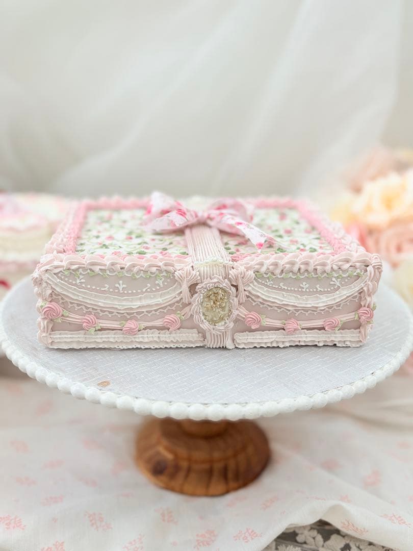 花柄ピンク　ボックス型　クレイケーキ　ウェディング