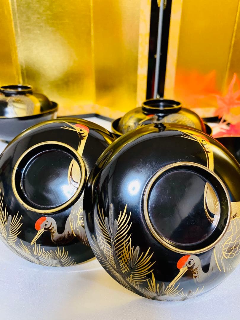 輪島塗木製　お椀　吸物椀　骨董　時代蒔絵 縁起鶴　お正月の用意に☆5脚G30 ⓶