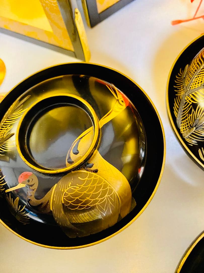 輪島塗木製　お椀　吸物椀　骨董　時代蒔絵 縁起鶴　お正月の用意に☆5脚G30 ⓶