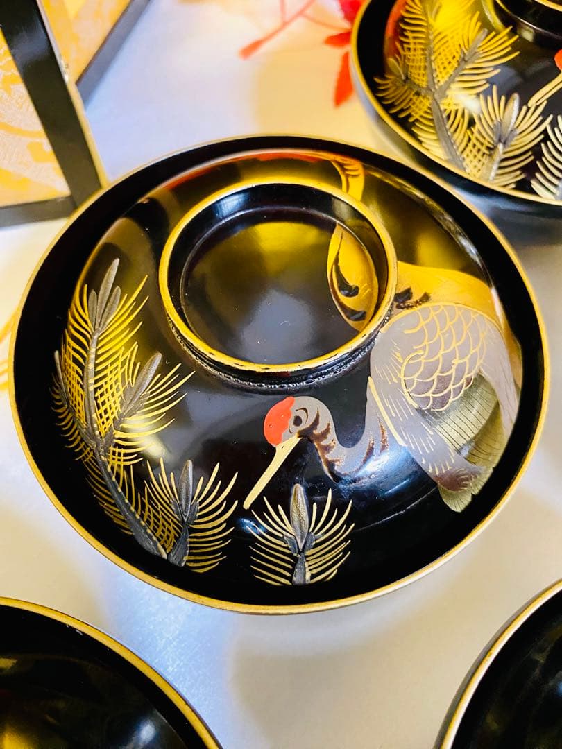 輪島塗木製　お椀　吸物椀　骨董　時代蒔絵 縁起鶴　お正月の用意に☆5脚G30 ⓶