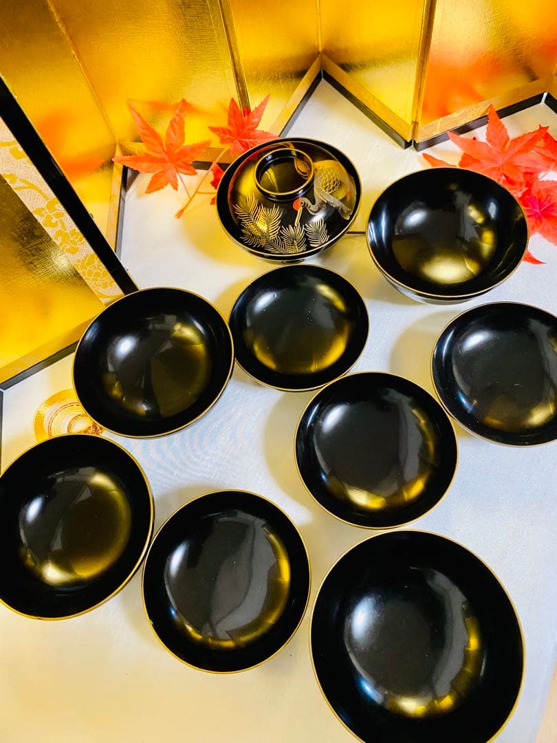 輪島塗木製　お椀　吸物椀　骨董　時代蒔絵 縁起鶴　お正月の用意に☆5脚G30 ⓶