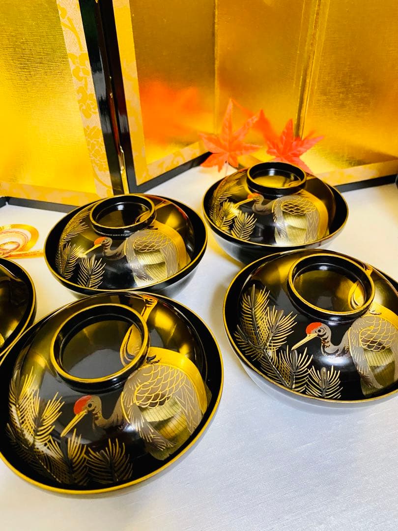 輪島塗木製　お椀　吸物椀　骨董　時代蒔絵 縁起鶴　お正月の用意に☆5脚G30 ⓶