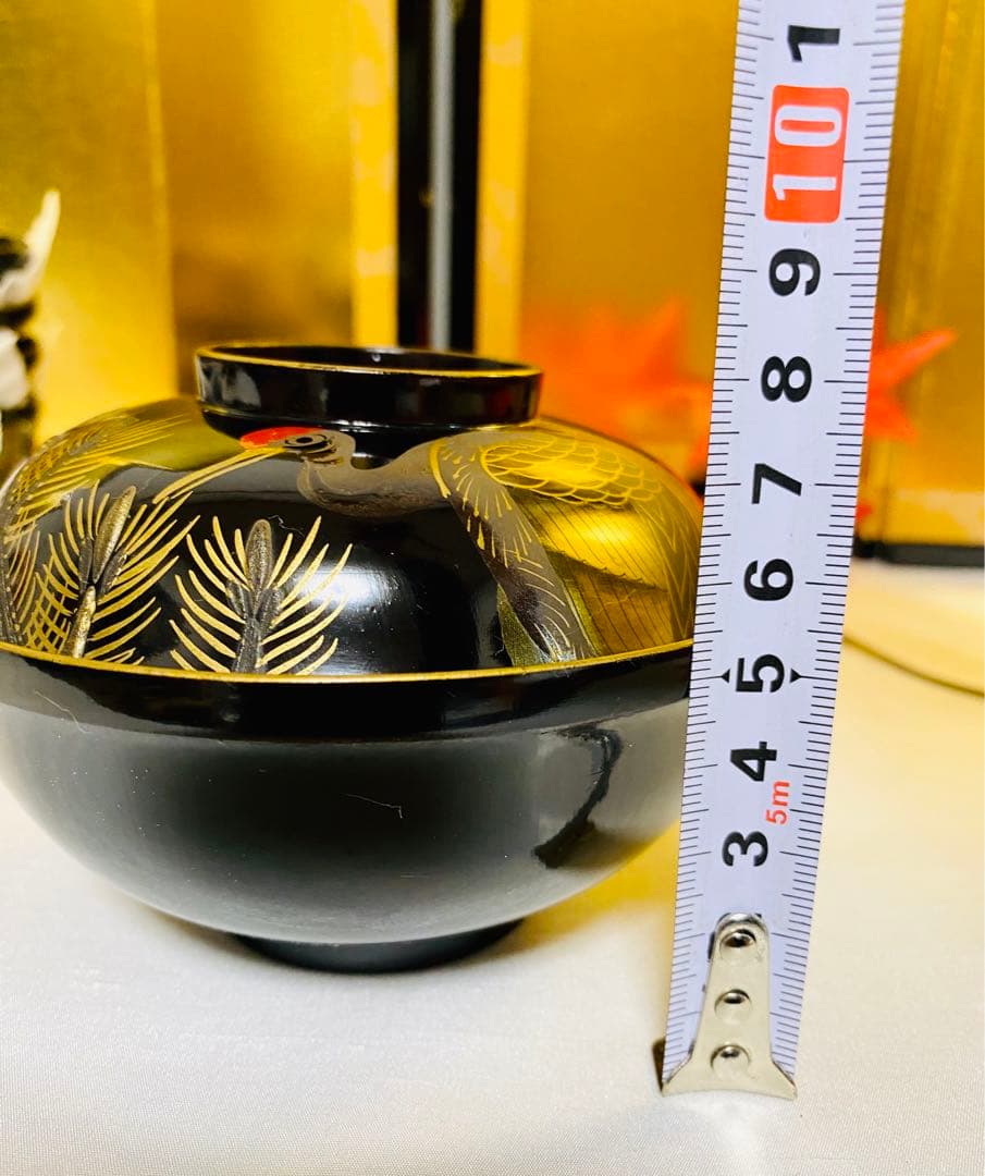 輪島塗木製　お椀　吸物椀　骨董　時代蒔絵 縁起鶴　お正月の用意に☆5脚G30 ⓶