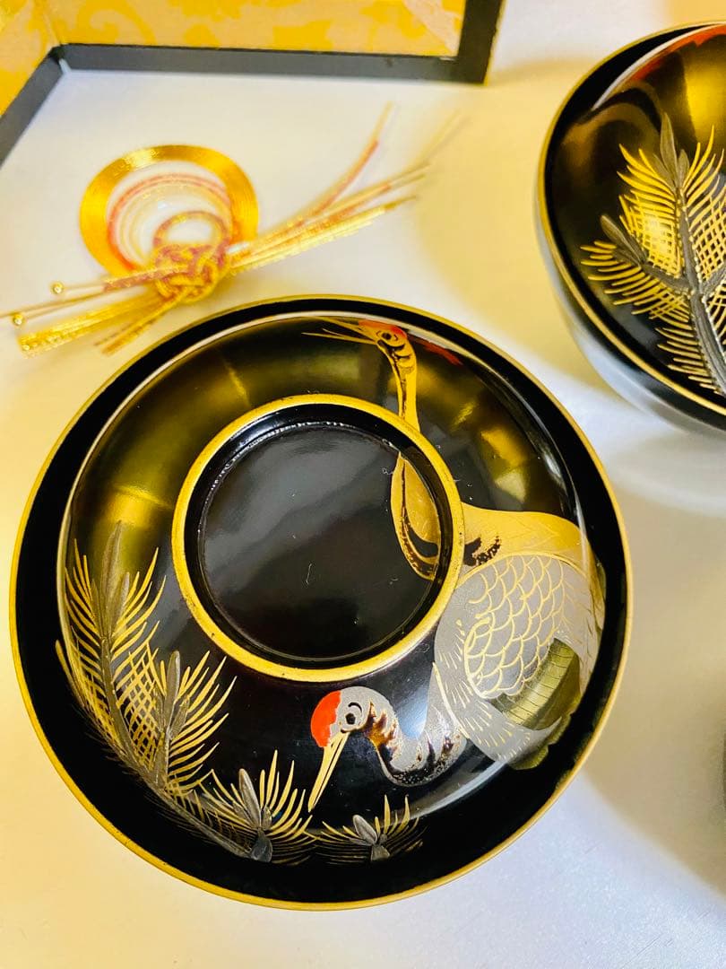 輪島塗木製　お椀　吸物椀　骨董　時代蒔絵 縁起鶴　お正月の用意に☆5脚G30 ⓶