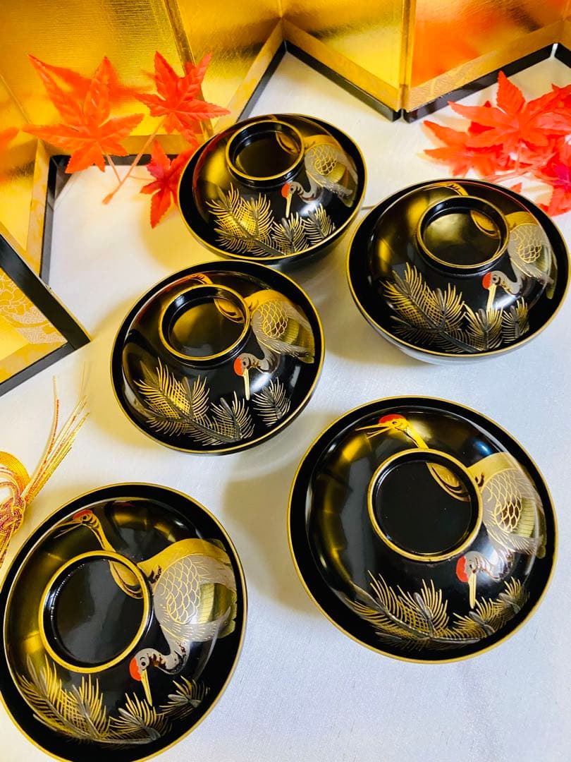 輪島塗木製　お椀　吸物椀　骨董　時代蒔絵 縁起鶴　お正月の用意に☆5脚G30 ⓶