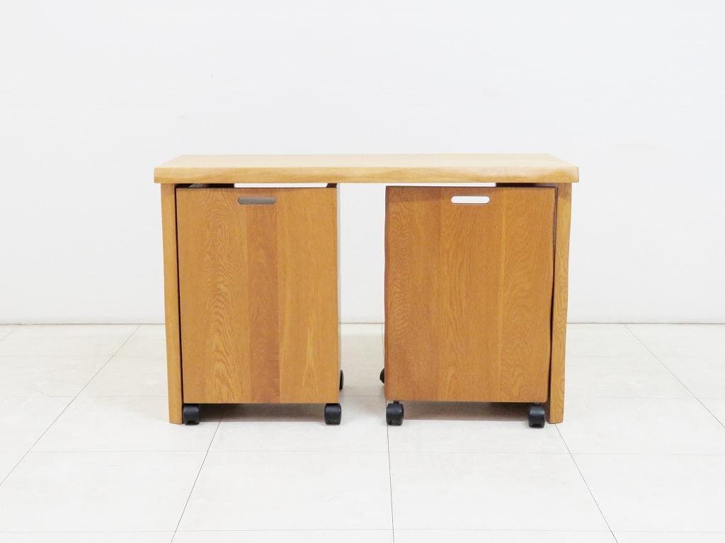 ナラ無垢材 デスク＆チェストワゴン＆チェア セット 本革張り 机 検MUKU工房