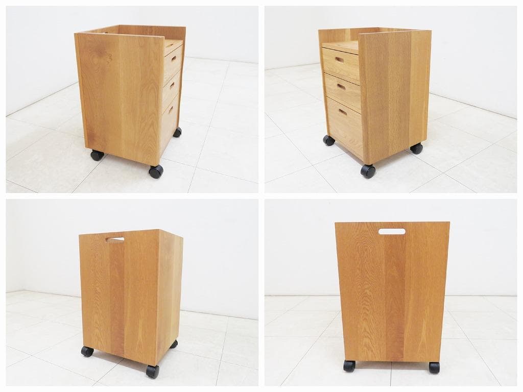 ナラ無垢材 デスク＆チェストワゴン＆チェア セット 本革張り 机 検MUKU工房