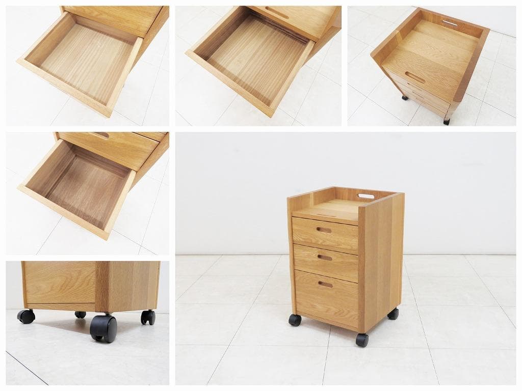 ナラ無垢材 デスク＆チェストワゴン＆チェア セット 本革張り 机 検MUKU工房