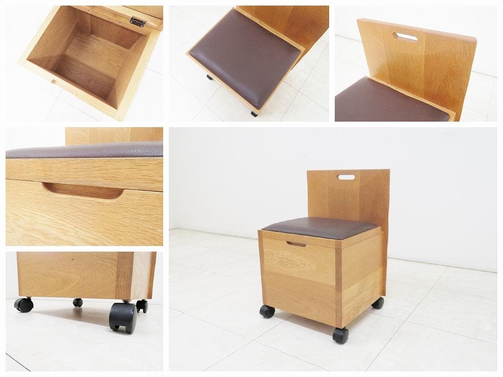 ナラ無垢材 デスク＆チェストワゴン＆チェア セット 本革張り 机 検MUKU工房