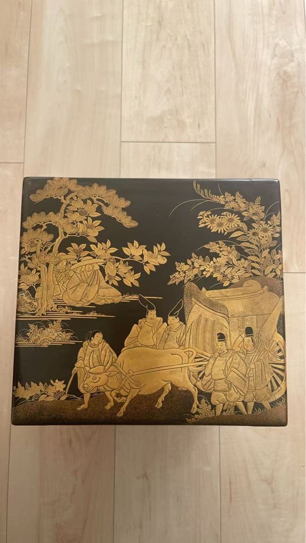 蒔絵 人物文 黒漆 五段重箱 平安風図絵 金蒔絵 漆芸 木製 箱付