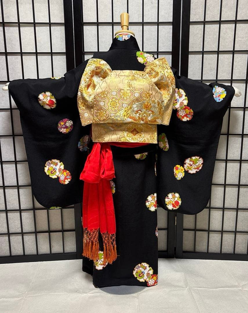 七五三　着物セット　正絹　ちりめん　7歳　ハーフ成人式　十三詣り　黒色　美品