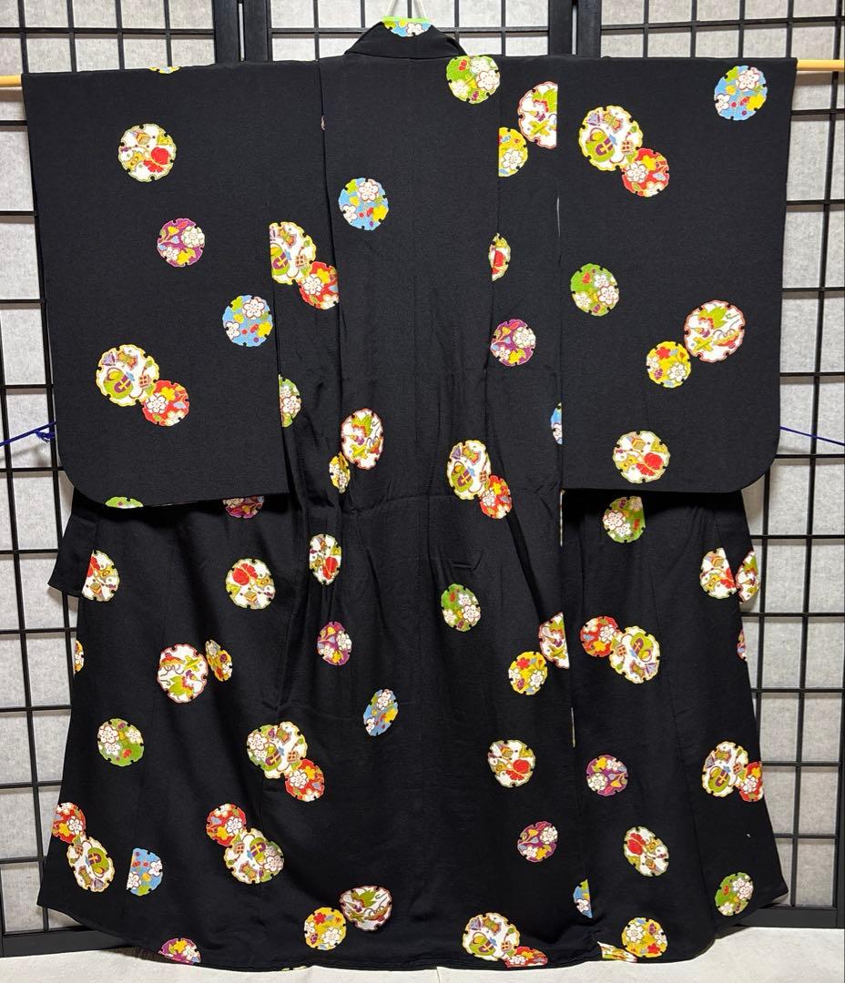 七五三　着物セット　正絹　ちりめん　7歳　ハーフ成人式　十三詣り　黒色　美品
