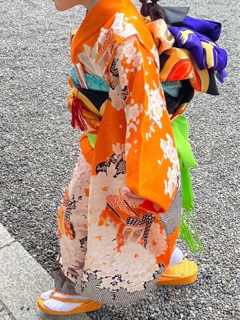 七五三　7歳　着物　オレンジ　鹿子