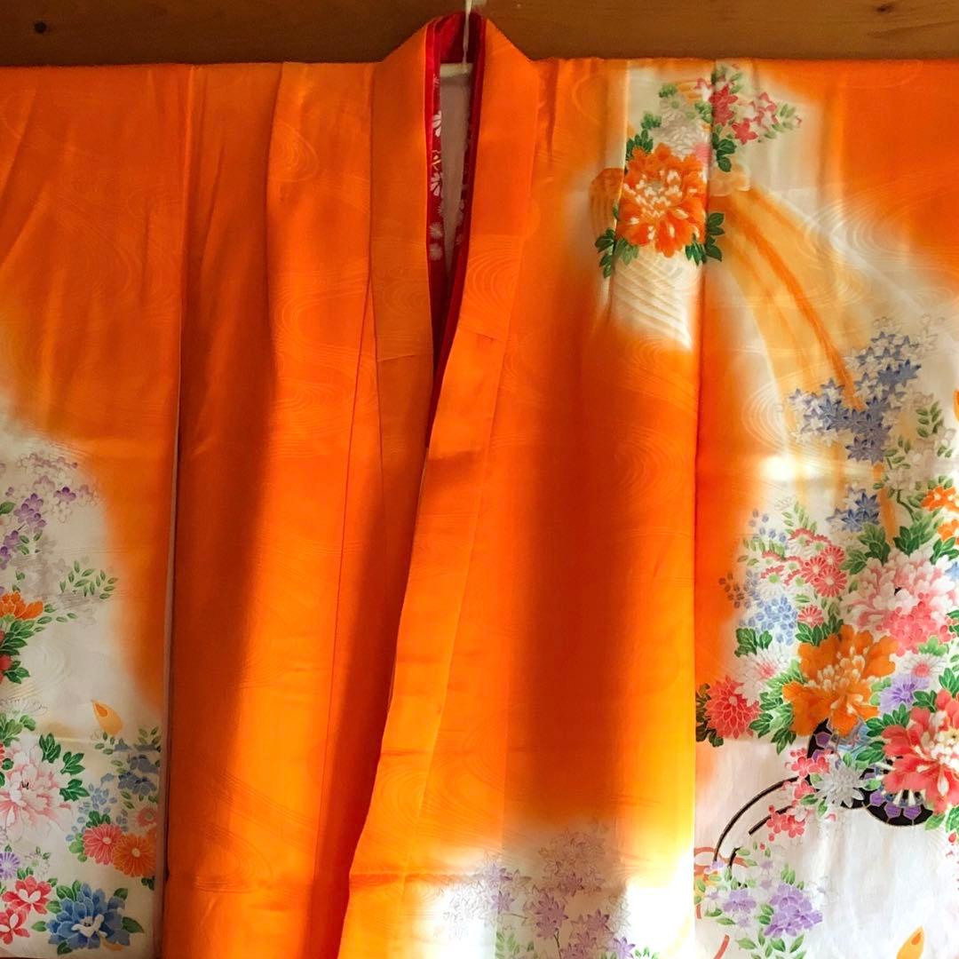 753 七五三　女の子7歳着物 長襦袢 オレンジ お仕立て 昭和レトロ