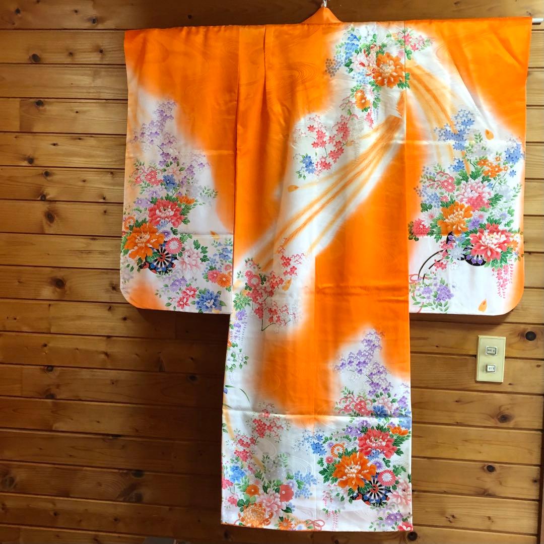 753 七五三　女の子7歳着物 長襦袢 オレンジ お仕立て 昭和レトロ