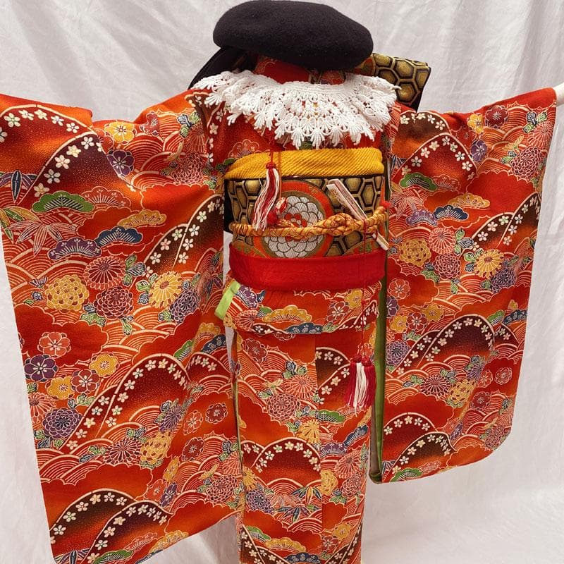 509ag27◎小物楽々衿半衿セット 七五三 七歳 女児 着物&袋帯 紅型風◎