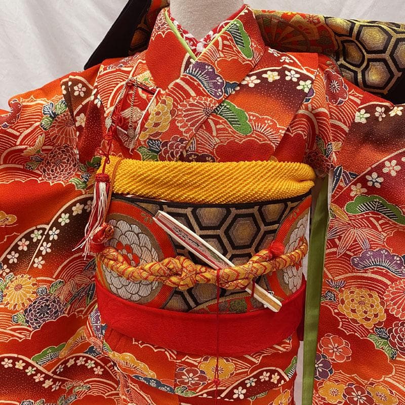 509ag27◎小物楽々衿半衿セット 七五三 七歳 女児 着物&袋帯 紅型風◎
